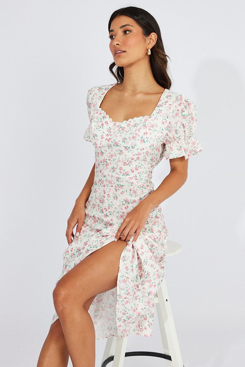 White Floral Midi Dress Puff Sleeve