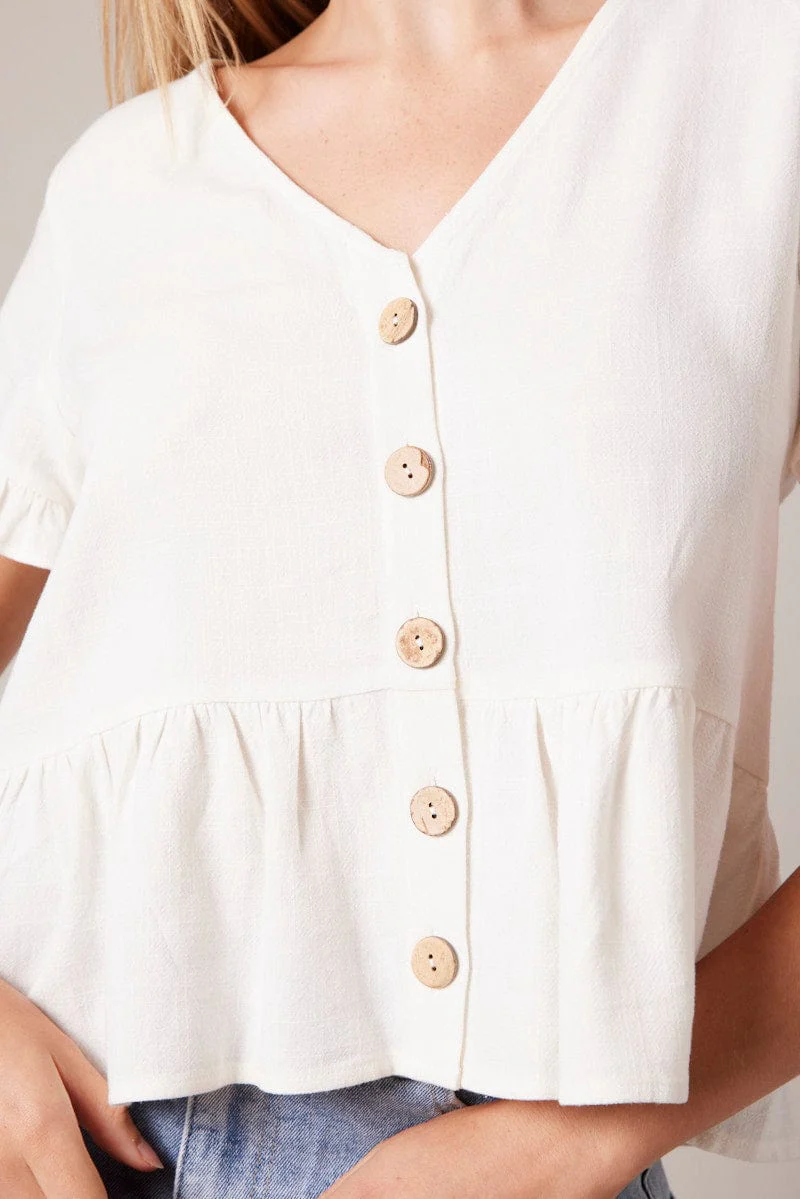 White Button Up Top V-Neck Frill Hem Top Linen