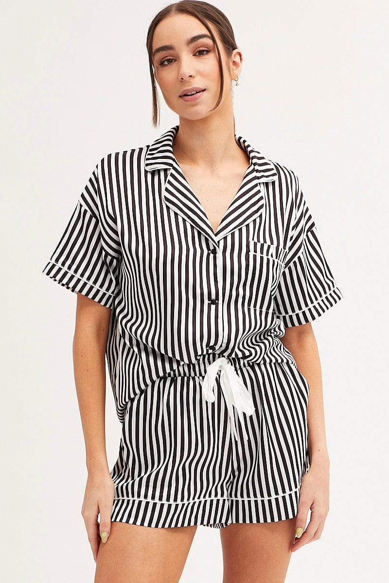 BLACK Pyjamas Set Short Sleeve Collared Shorts Satin