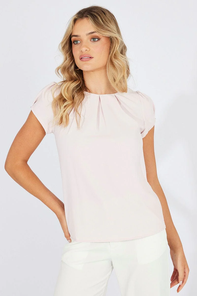 Pink Top Cap Sleeve Pleat Detail Workwear
