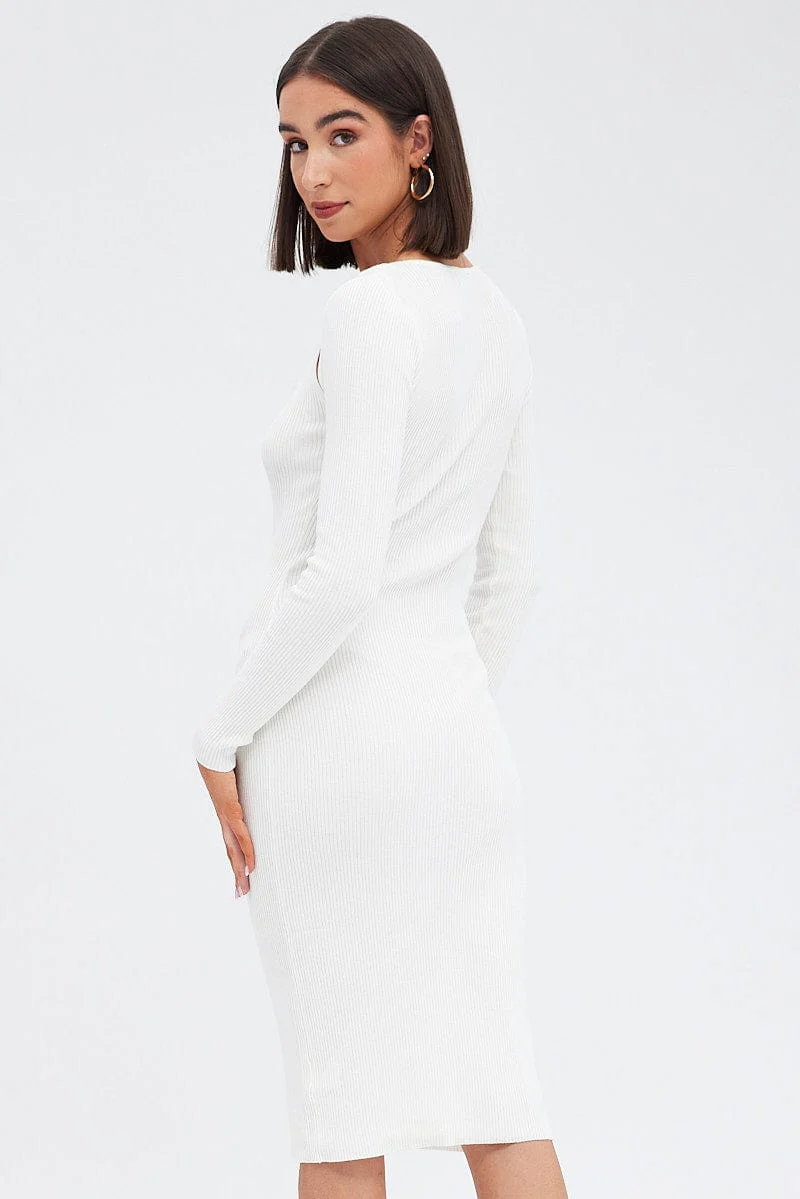 White Midi Dress Long Sleeve  Keyhole Bodycon Rib Knit
