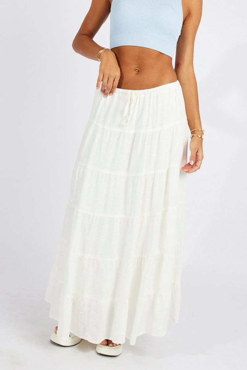 White Maxi Skirt Tiered High Rise Linen Blend