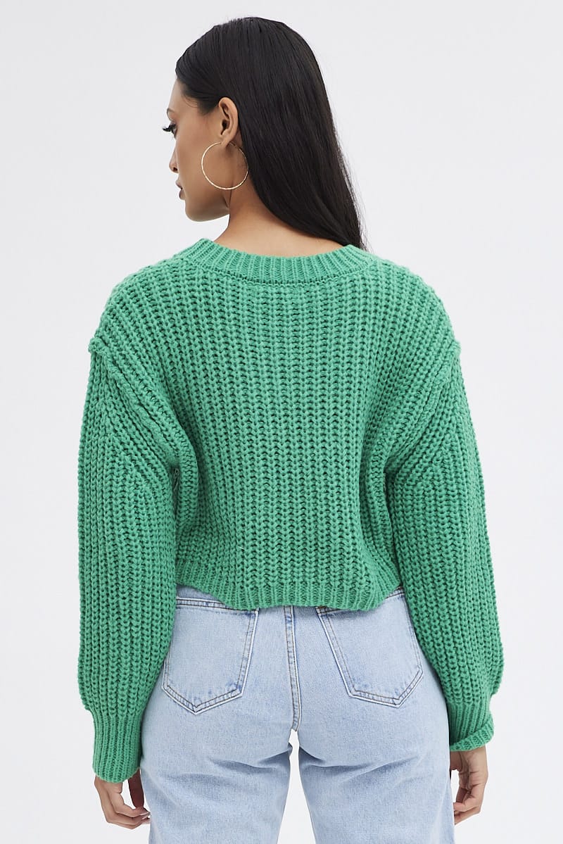 Green Knit Top Round Neck Long Sleeve Crop