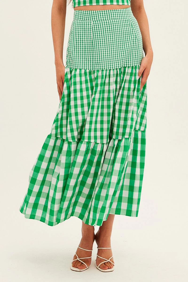 Check Maxi Skirt High Rise Tiered