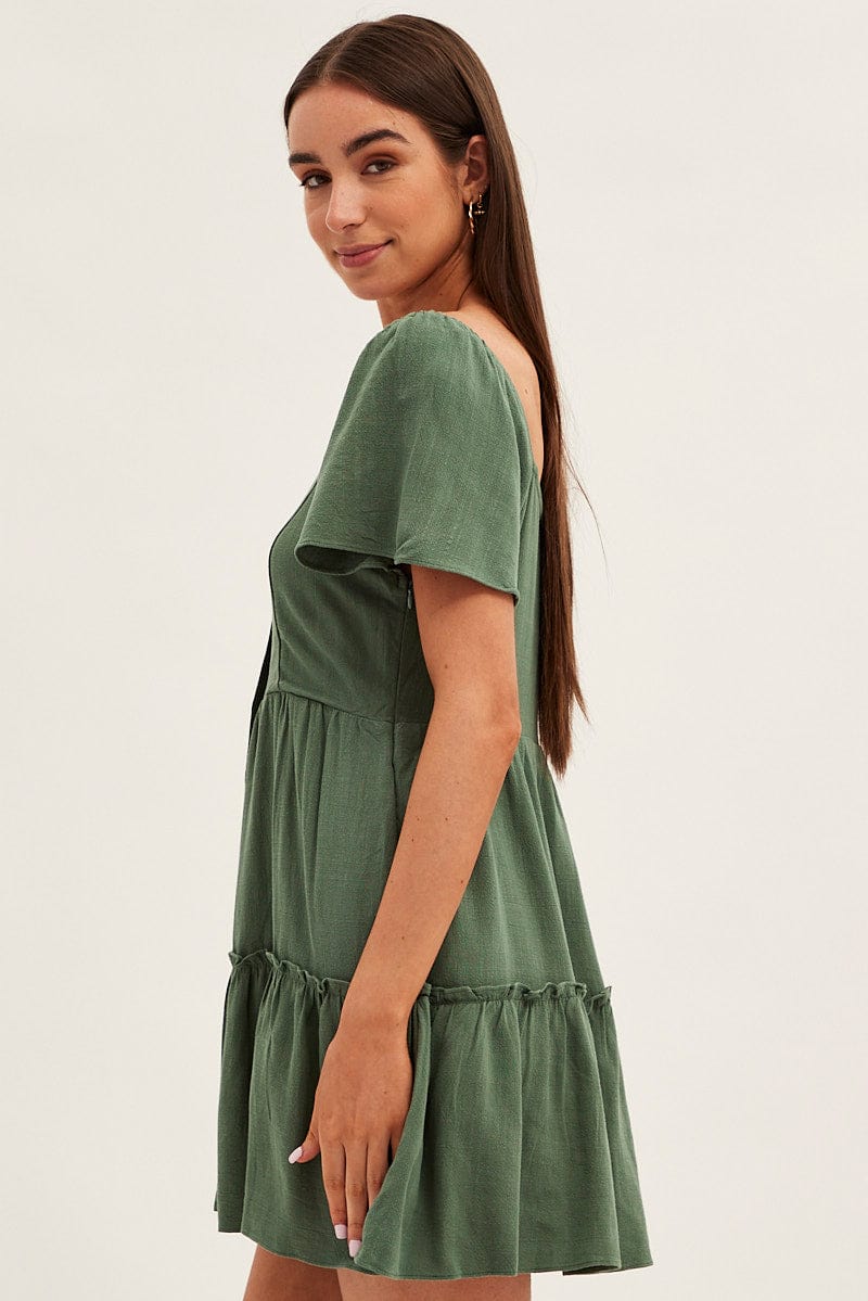 Green Dress Square Neck Short Sleeve Tiered Button Front
