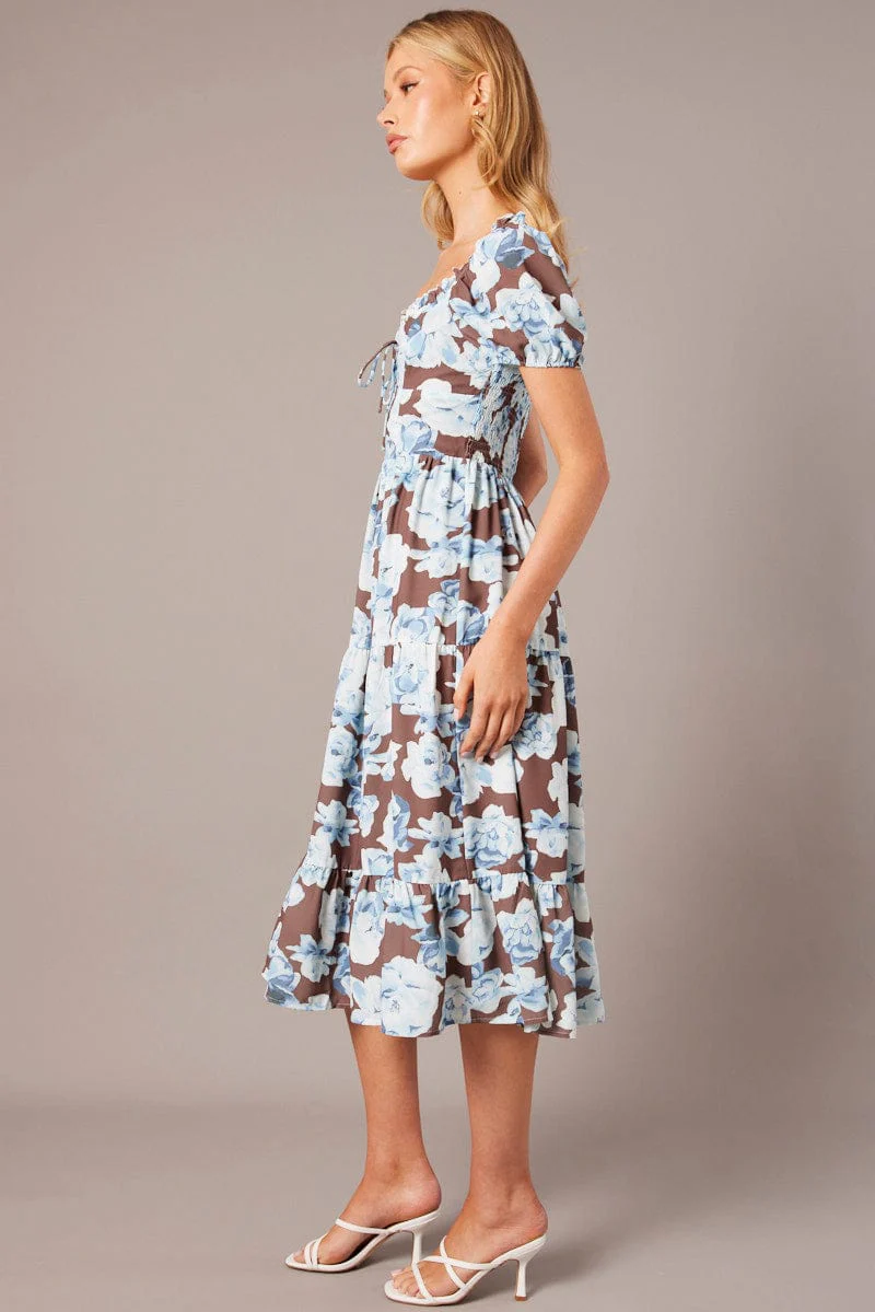 Multi Floral Maxi Dress Puff Sleeve