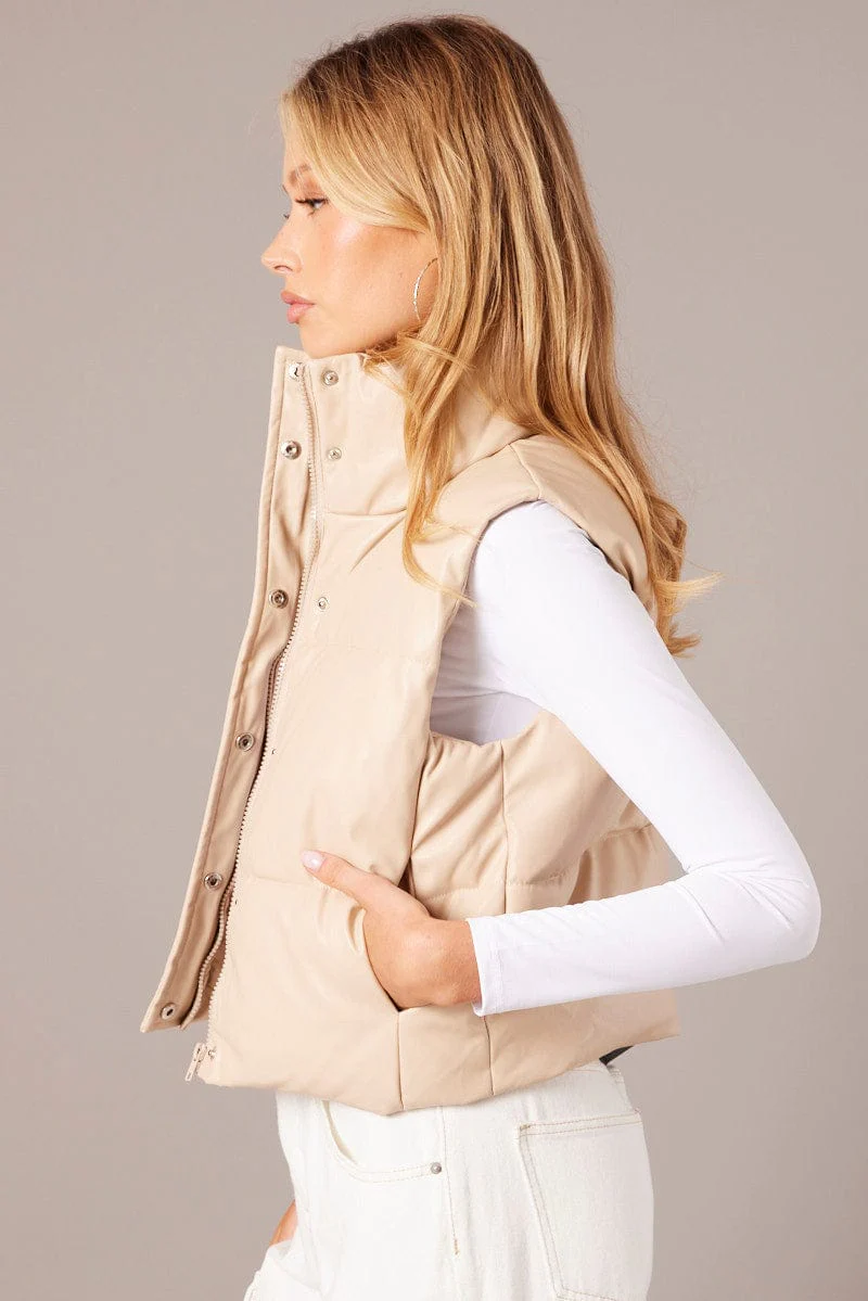 Camel Puffer Zip Sleeveless Faux Leather