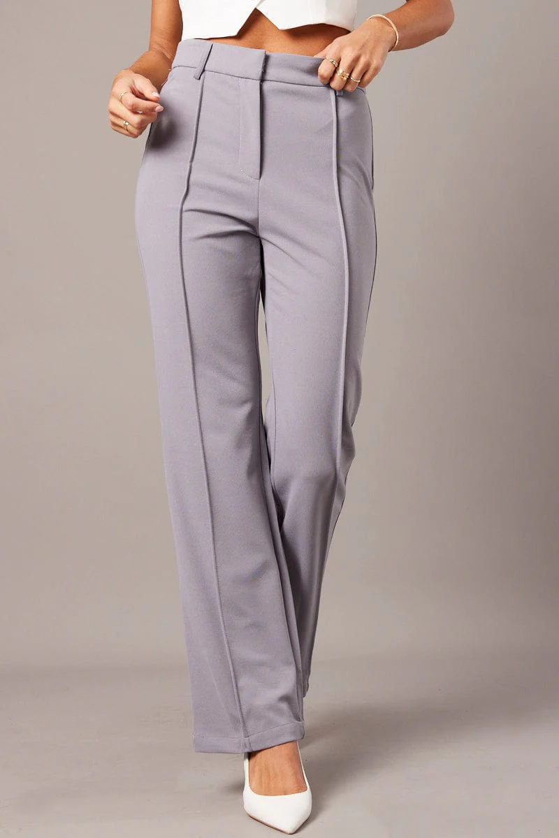 Grey Straight Fit Pants High Rise Workwear
