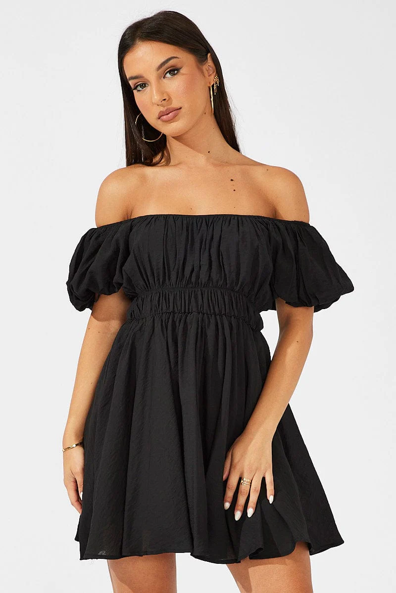 Black Fit and Flare Dress Short Sleeve Ruched