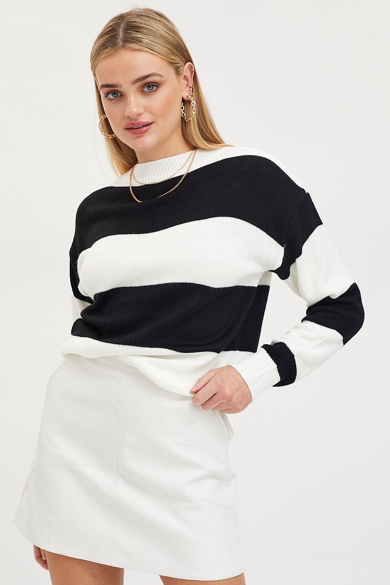 Stripe Knit Top Long Sleeve Round Neck Colour Block