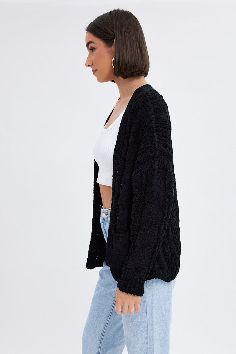 Black Longline Cable Knit Cardigan