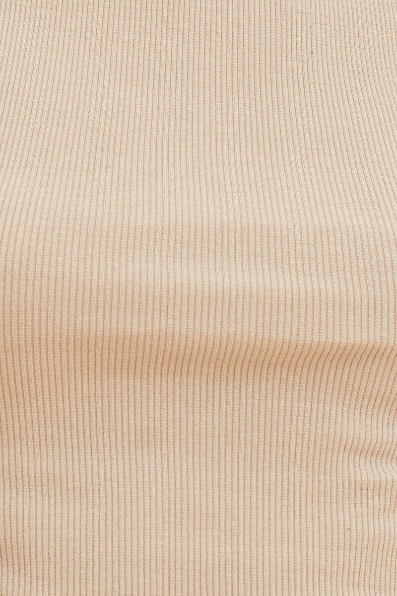 Beige Cropped Tank Cotton Blend Rib High Neck Racer Back