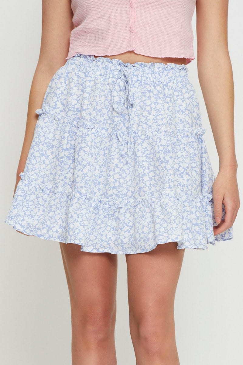 Print Elastic Waist Frill Short Skater Skirt