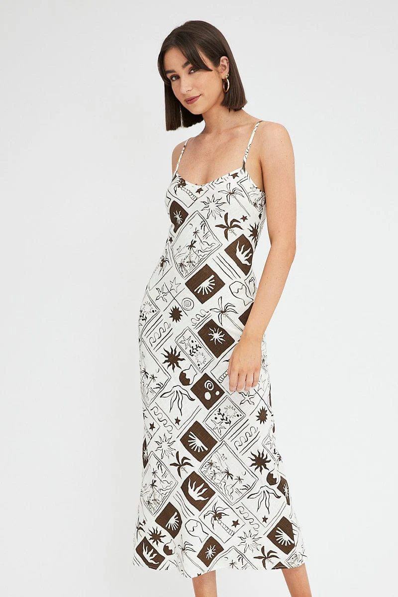 Brown Abstract Maxi Dress Bias Cut Linen Blend
