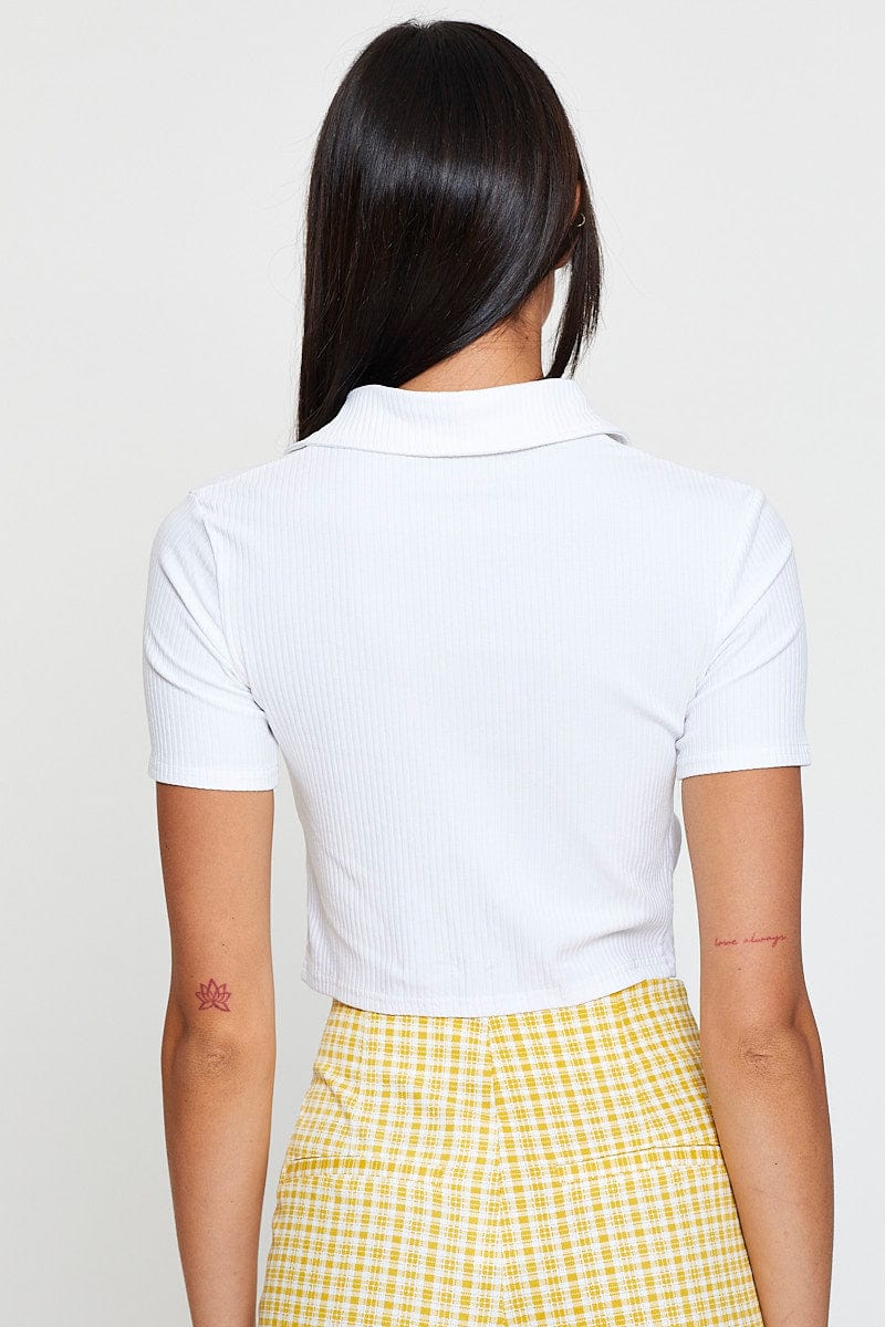 White Jersey Top Short Sleeve Collared Ruche