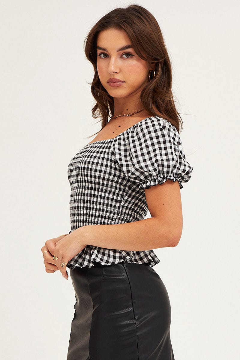 Check Gingham Puff Sleeve Shirred Top