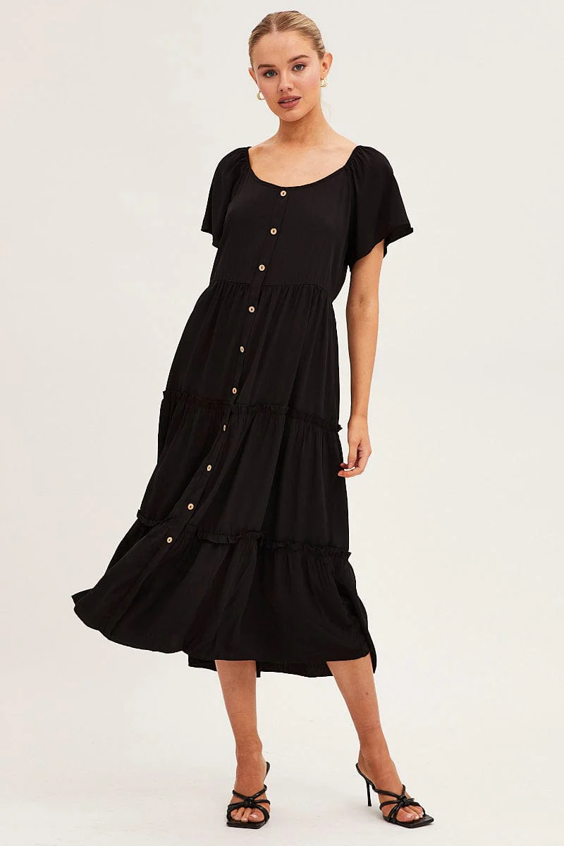 Black Button Short Sleeve Maxi Dress