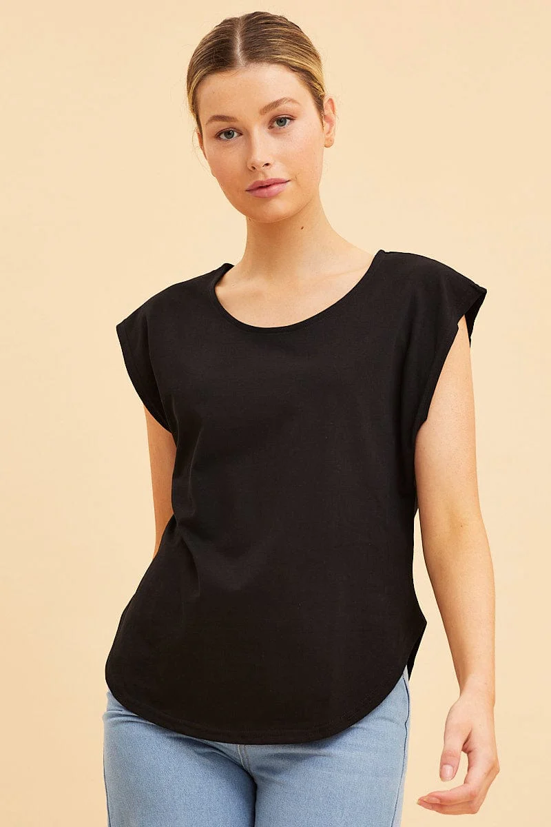 Black Relaxed T-Shirt Drop Shoulder Curved Hem Crew Neck