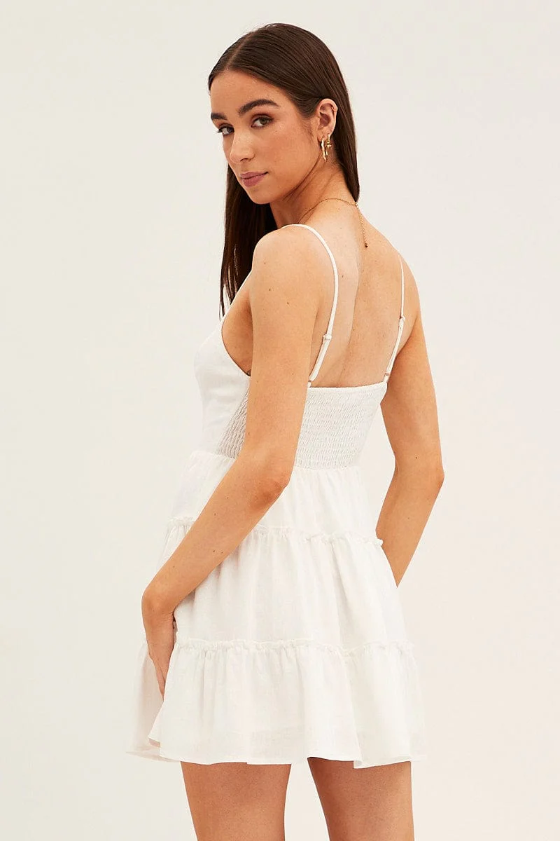 White Skater Dress Square Neck Linen Blend Frill Detail