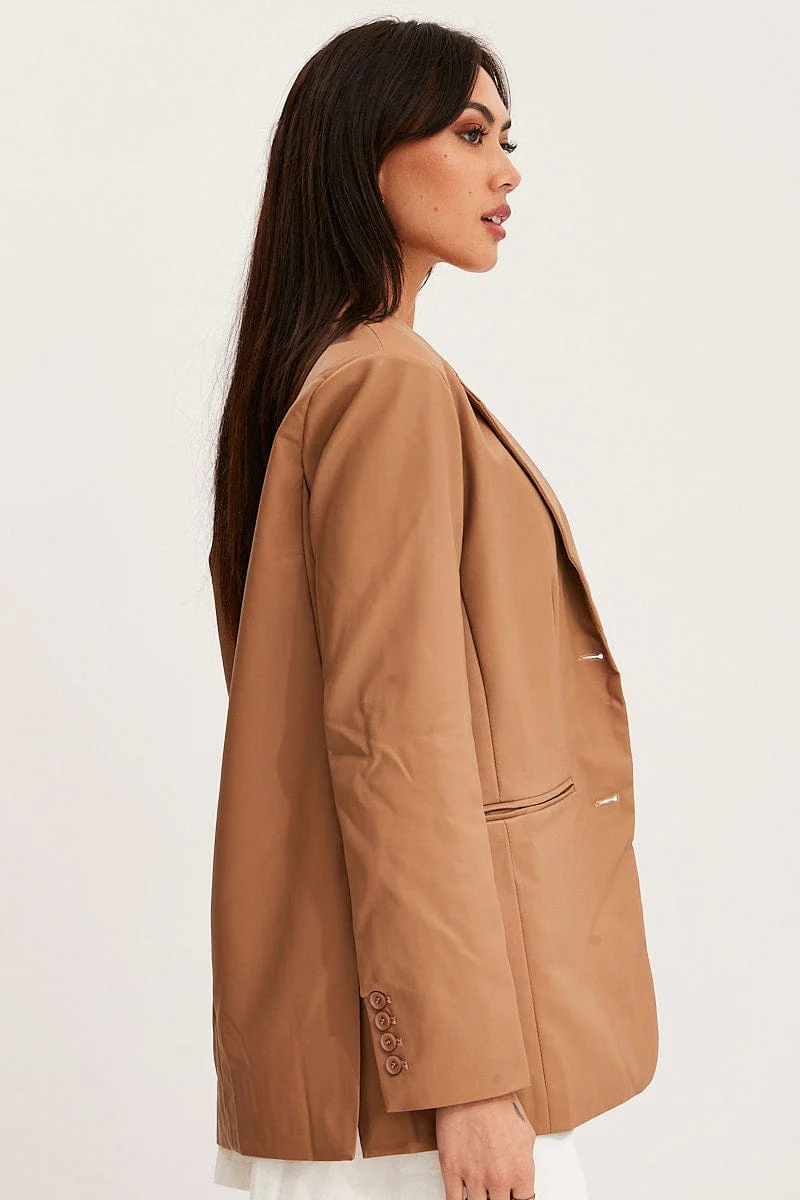 Beige Faux Leather Jacket Long Sleeve