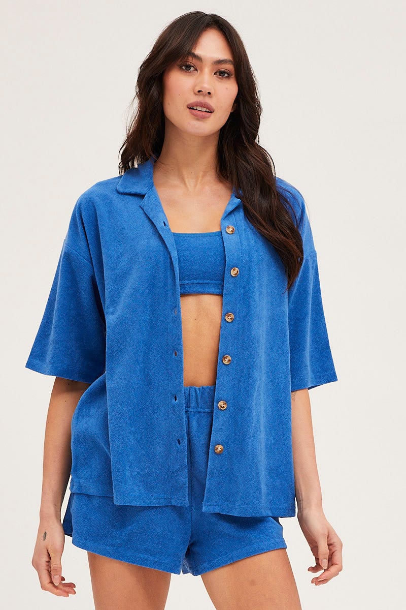 Blue Lounge Top Short Sleeve Oversized Terry