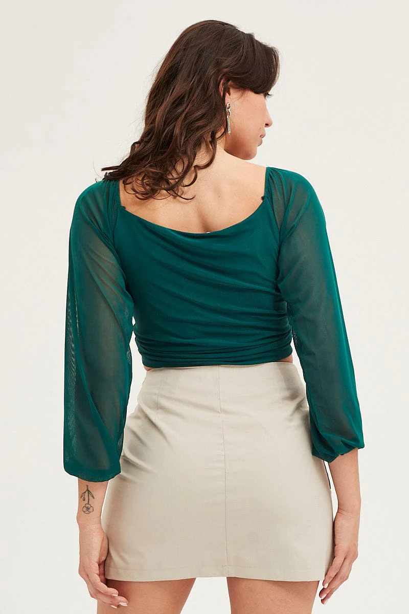 Green Ruched Top Long Sleeve Mesh
