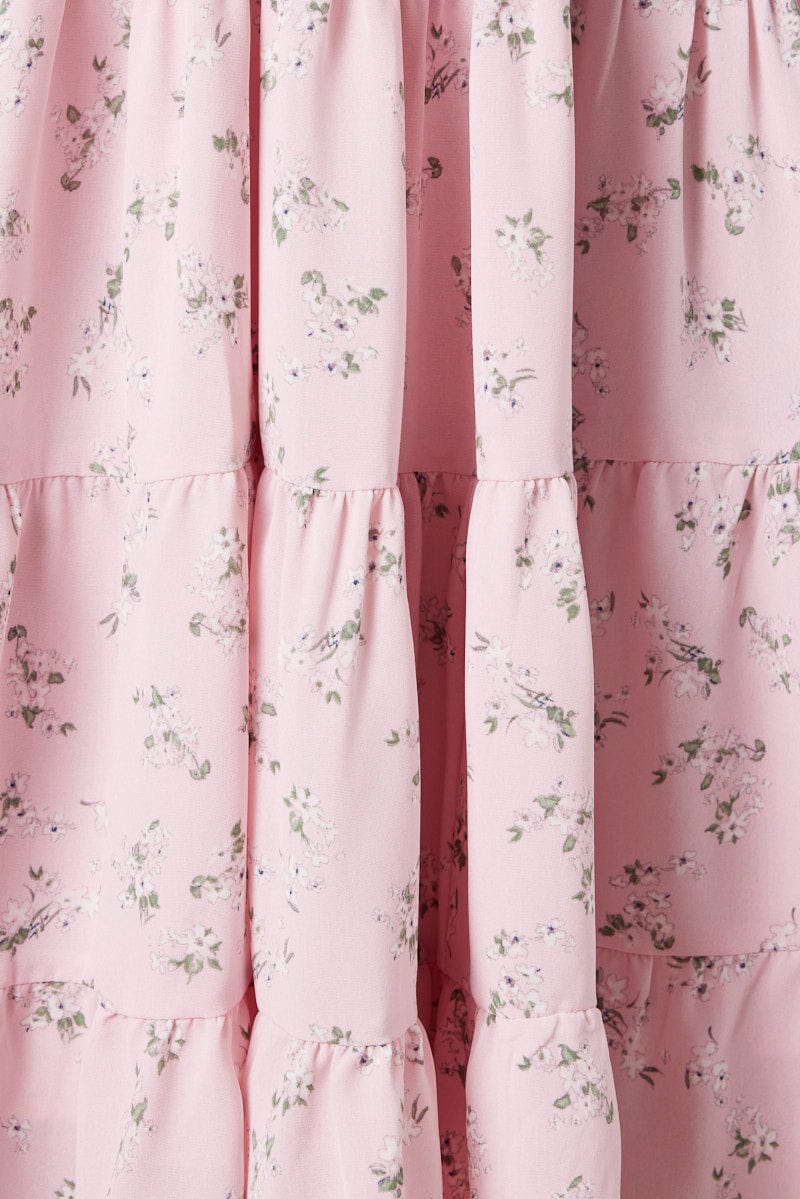 Pink Floral Midi Dress Puff Sleeve Gathered Bust