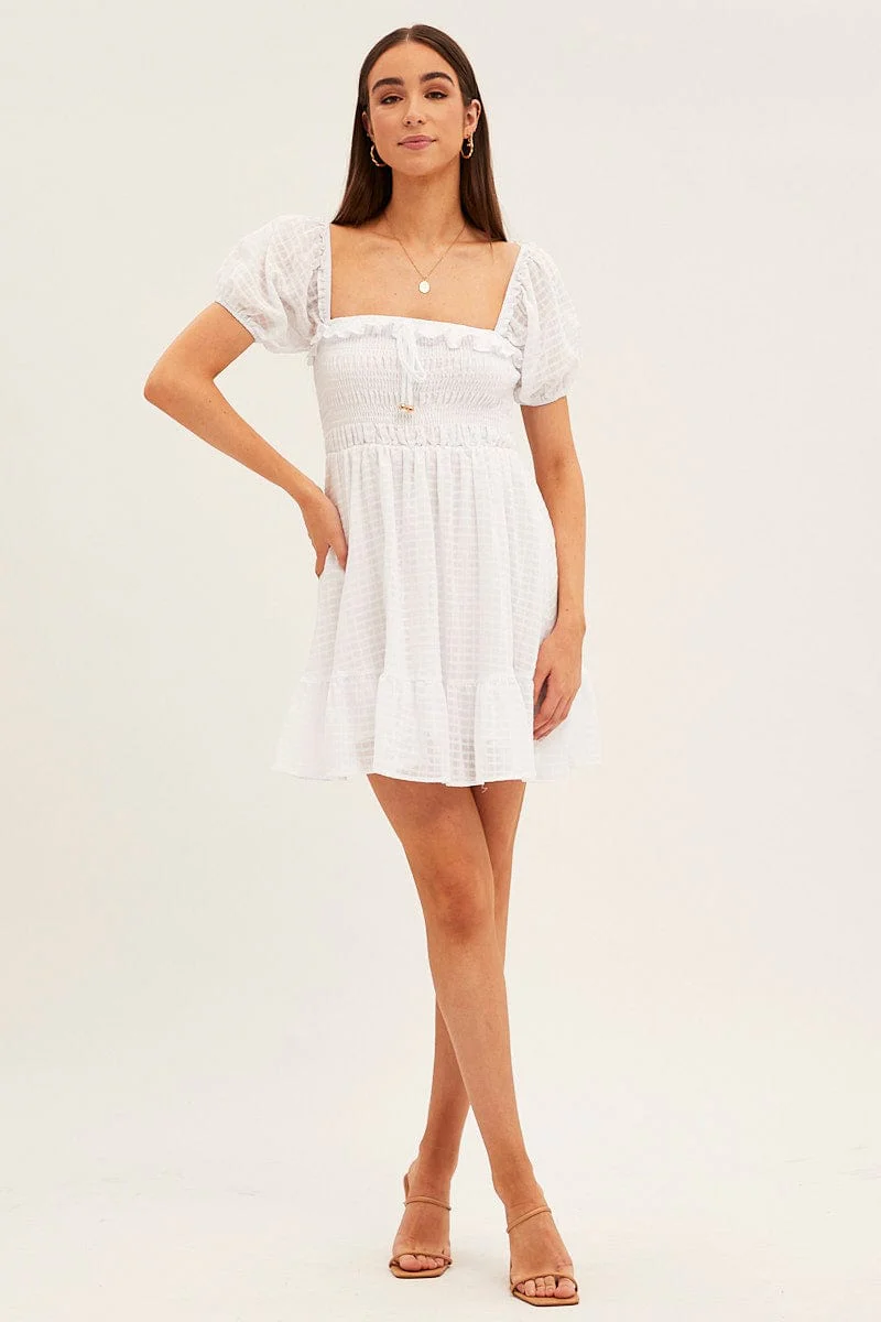 White Fit And Flare Dress Short Sleeve Shirred Mini