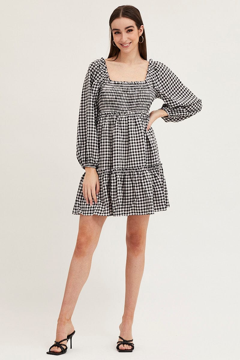 Check Shirred Skater Dress