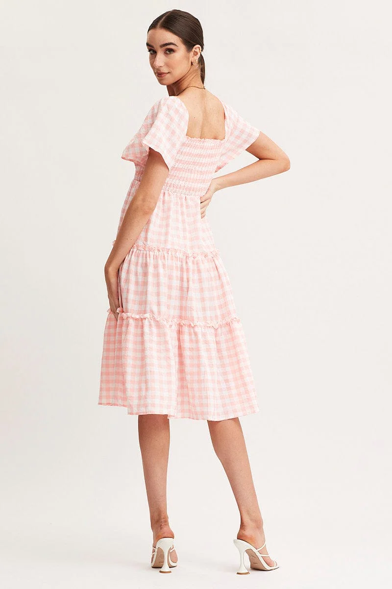 Check Dress Short Sleeve Midi