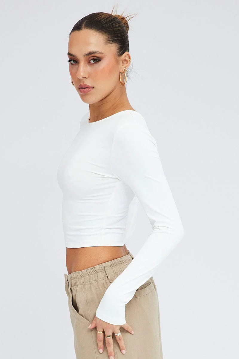 White Top Long Sleeve Round Neck Elastic Back Jersey
