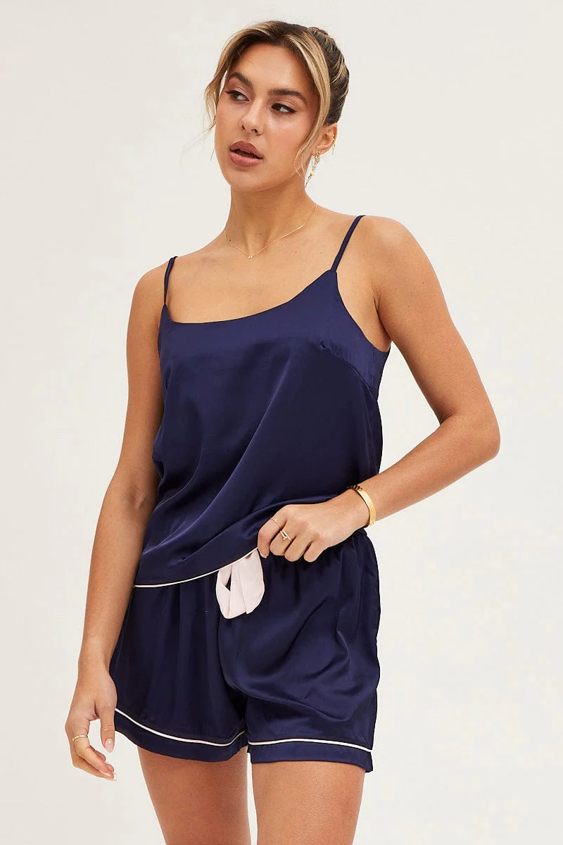 Blue Satin Cami Top & Shorts Pj Set