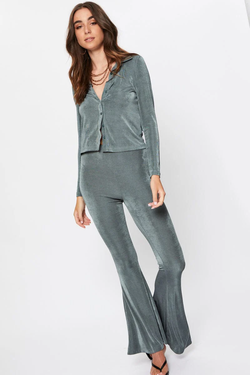 Green Highwaist Jersey Flare Hem Pants