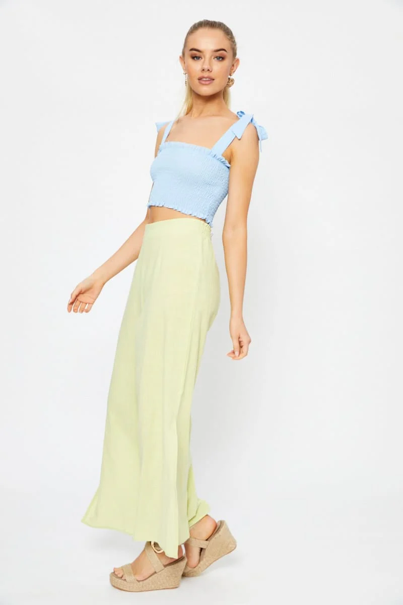 Yellow Linen Blend Elastic Side Slit Wide Leg Pants