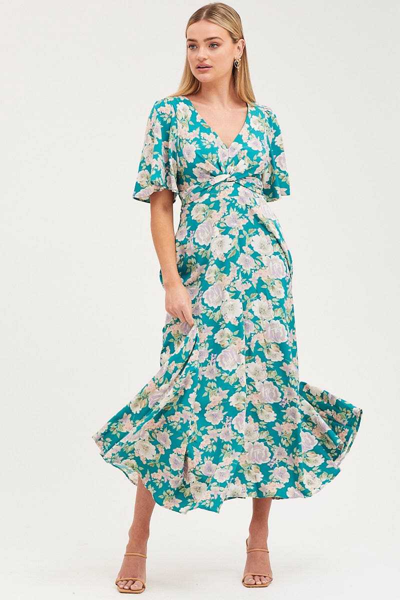 Print Dress Short Sleeve Maxi V Neck Polyester