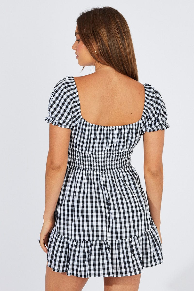 Black Check Fit And Flare Dress Puff Sleeve Mini