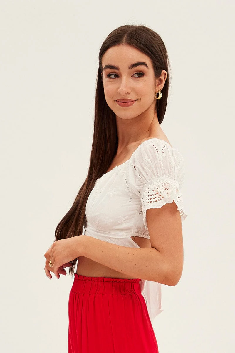 White Crop Top Short Sleeve Tie Back Eyelet