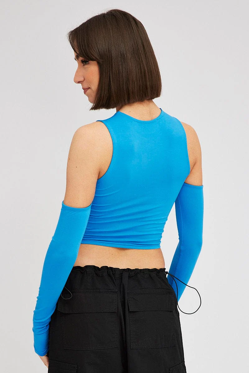 Blue Top Long Sleeve Mock Neck Cold Shoulder Jersey