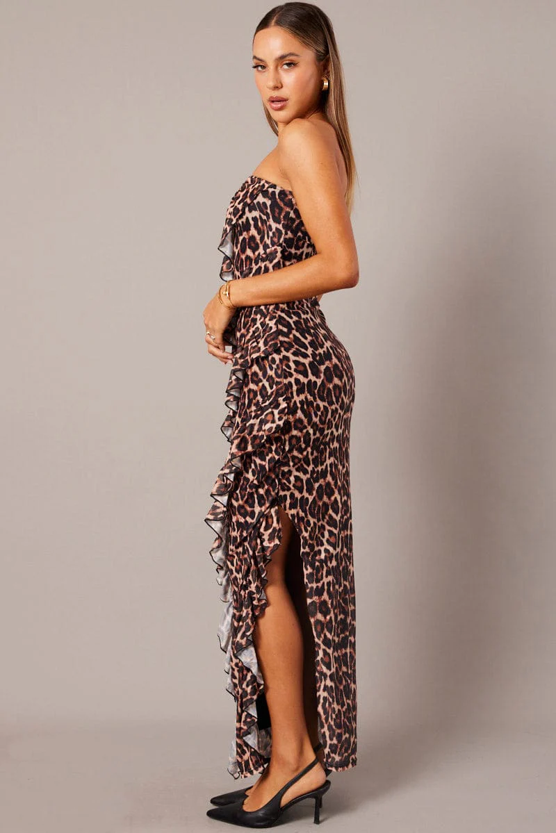 Brown Animal Print Ruffle Maxi Dress Strapless  Bandeau Frilly Dress