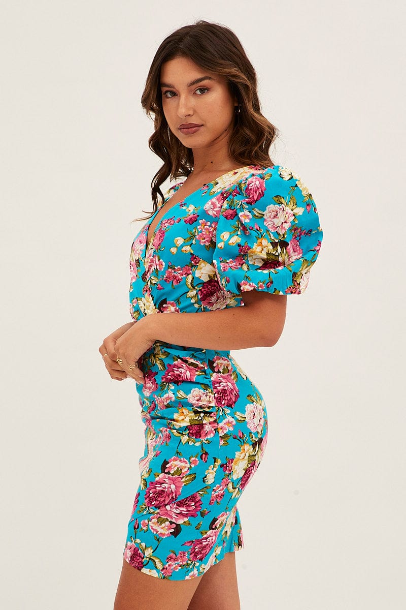 Green Floral Mini Dress Puff Sleeve V-Neck