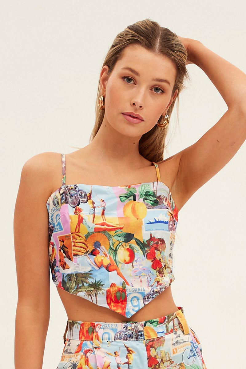 Orange Abstract Crop Top Sleeveless Scarf Postcard Holiday Satin