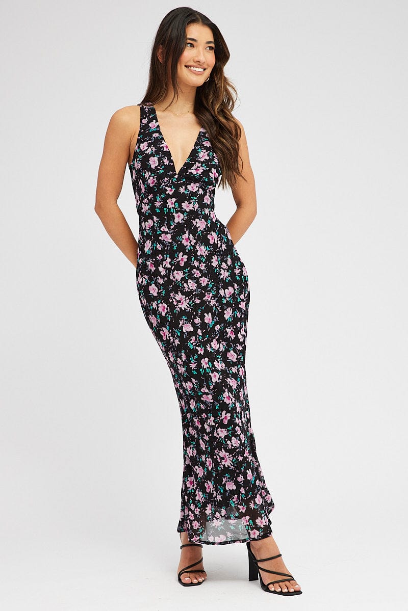 Black Floral Midi Dress Bias Cutting