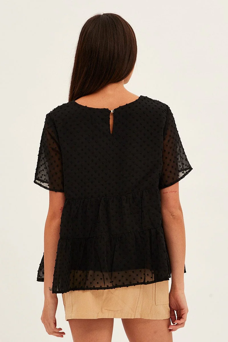 Black Dobby Chiffon Flutter Sleeve Tiered Hem Top