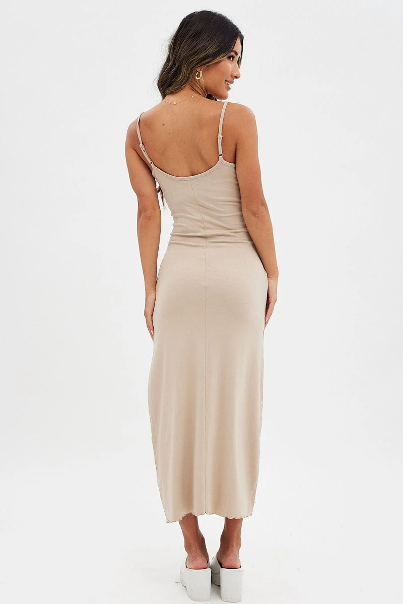 Beige Maxi Dress Sleeveless Scoop Neck Bodycon Jersey