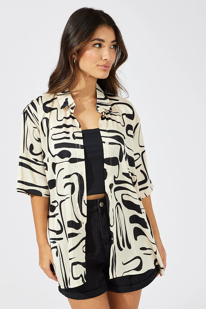 White Abstract Shirt Short Sleeve