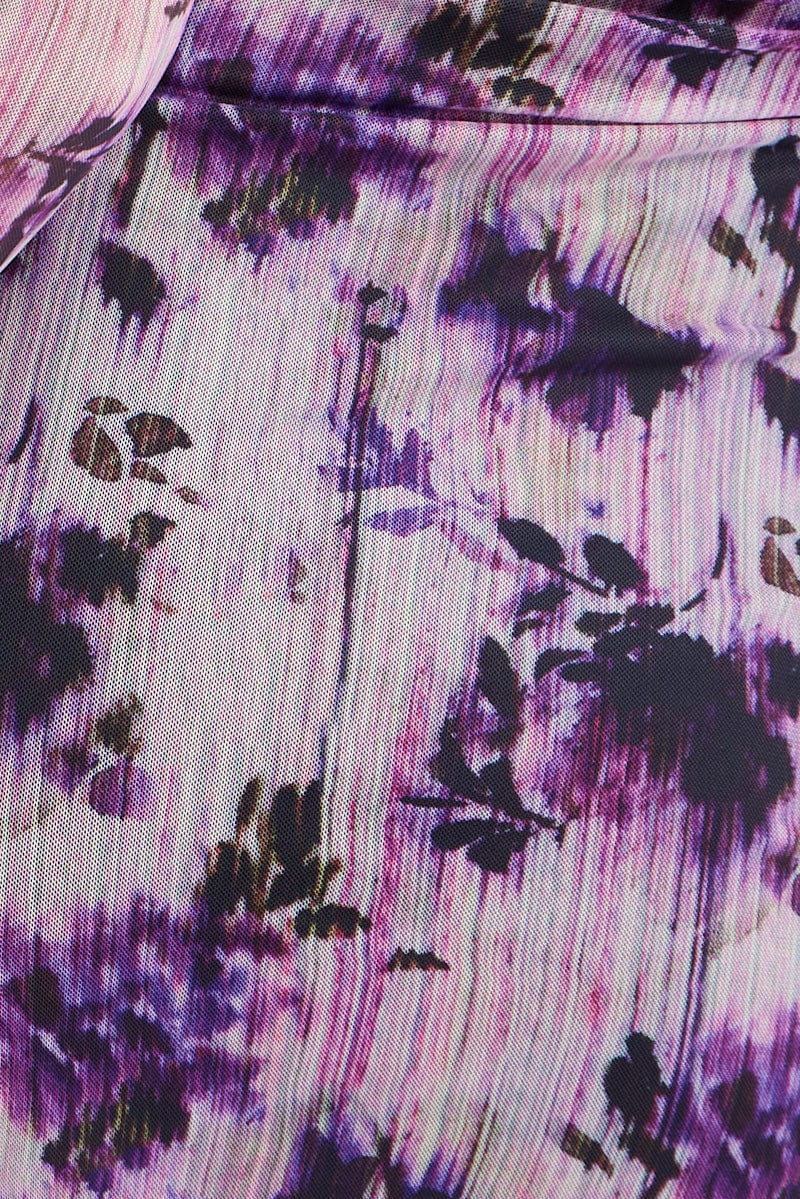Purple Floral Mesh Dress Long Sleeve Mini