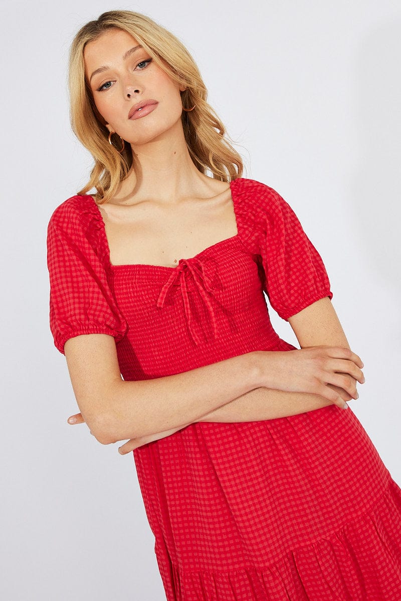 Red Midi Dress Short Sleeve Shirred