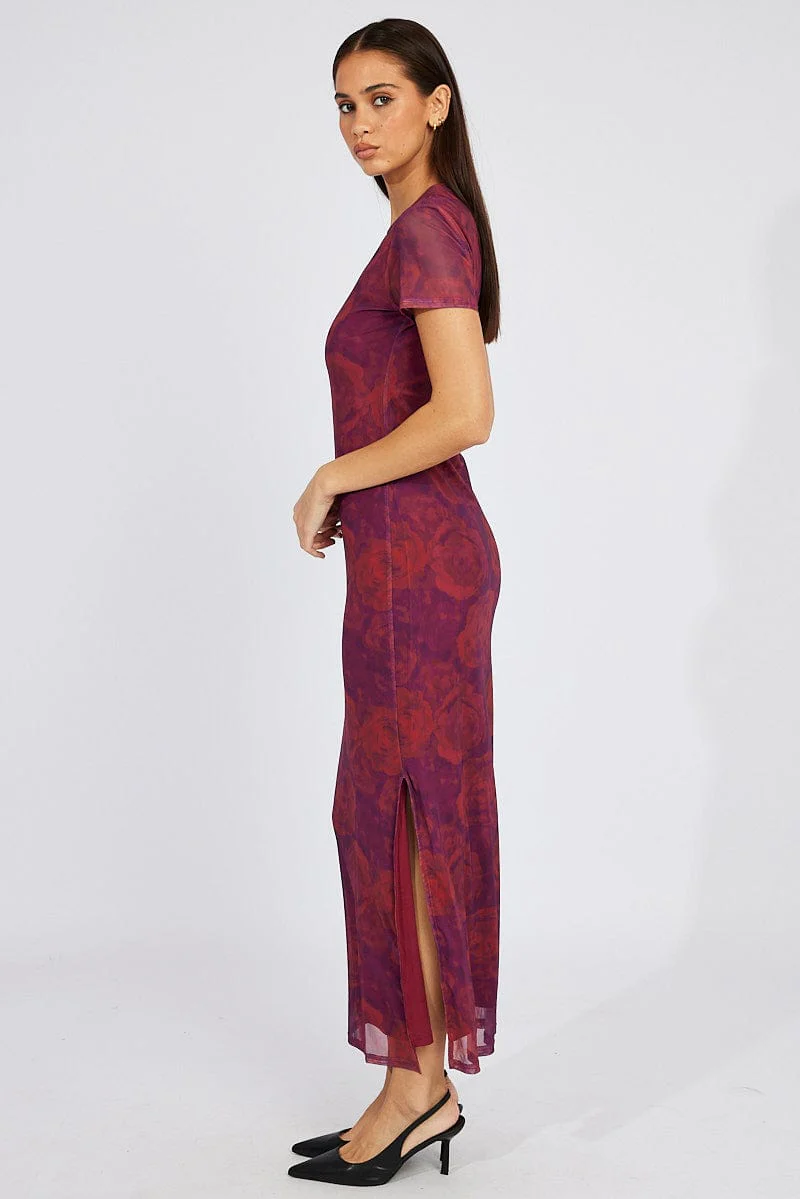 Red Floral Maxi Dress Short Sleeve Crew Neck Bodycon Mesh