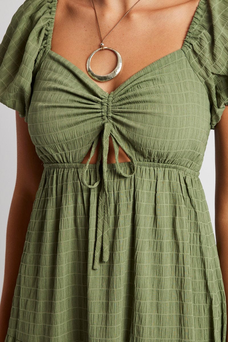 Green Midi Dress Puff Sleeve Ruch Front