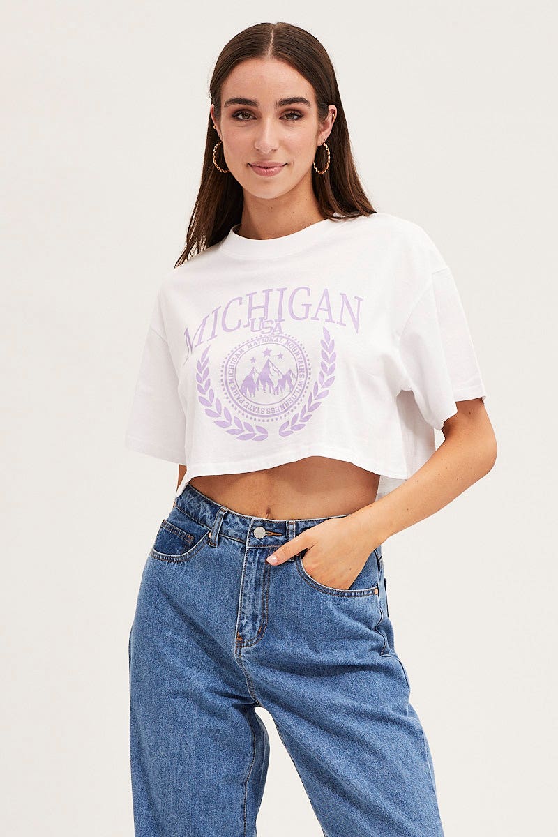 White Crew Cropped Graphic T-Shirt